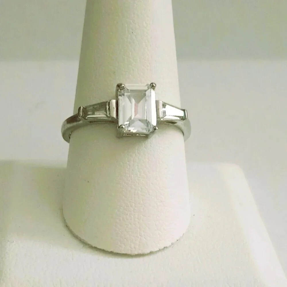 925 Emerald Cut CZ Baguette Ring 10 Sterling Silver Statement Wedding Jewelry